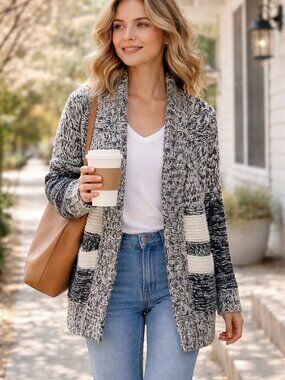 GAP Chunky Shawl Collar Cardigan XS Marled Black Gray Long Cozy Knit Sweater